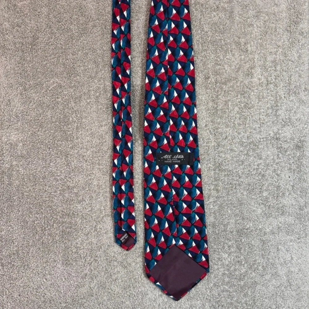 Milano Handmade All Silk Geometric Abstract Mosaic Necktie Red Navy Teal 58in